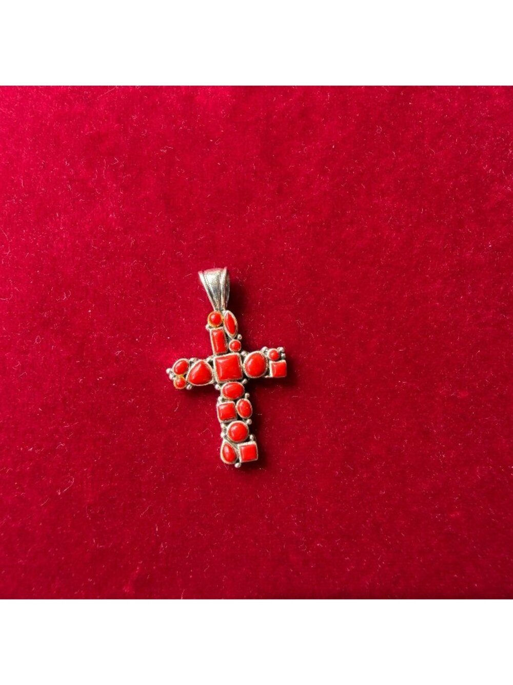 Vintage 925 Sterling Silver Red Coral Cross Pendant Necklace Charm Boho Tribal